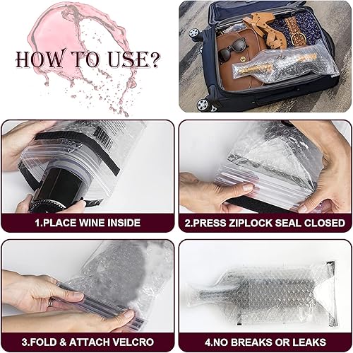 Miniatura 8 de Bolsa de vino reutilizable  10 paquetes de protector de viaje para botellas de vidrio de viaje, doble capa de amortiguación de burbujas para avión,
