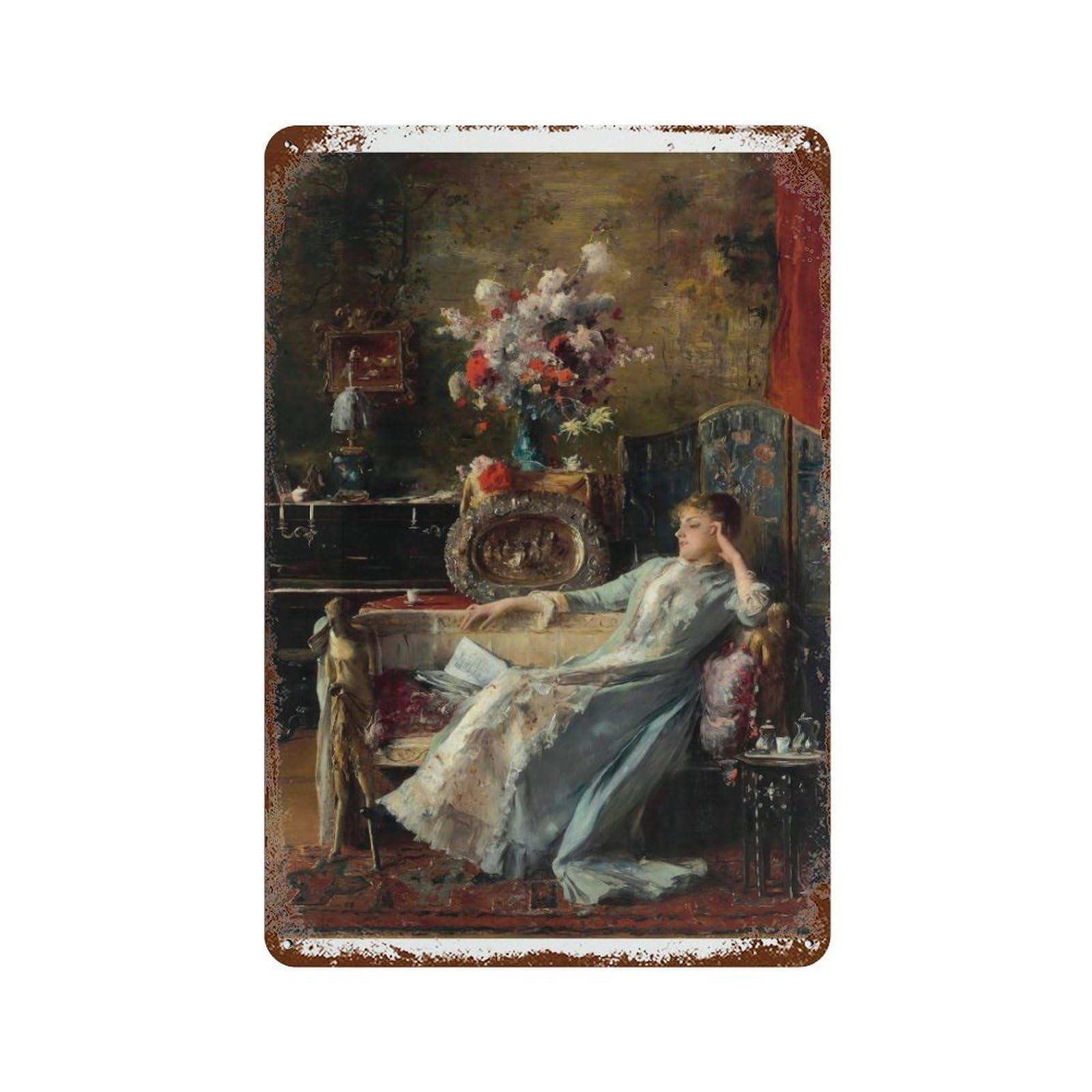 xiaoxiaoshen Victorian Woman Portrait Antique Oil Painting on Sofa Wall Decor Art Metal Tin Poster Modern Home Decor Art Home Bar Shop Decorations Vintage Sign 30x20cm