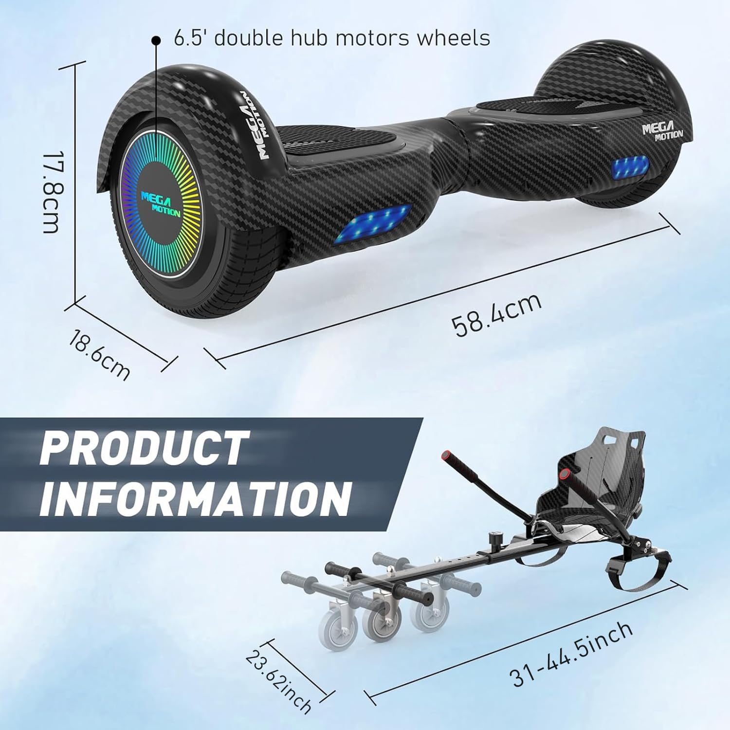 MEGA MOTION Hoverboards avec Hoverkart pour Enfants, Hoverboards à Deux Roues de 6,5 Pouces avec Haut-Parleur Bluetooth, avec Lumières LED, Cadeau pour Enfants