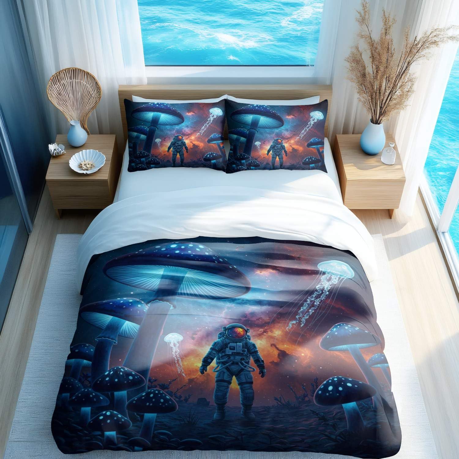 Housse de couette champignon et nébuleuse cosmique pour une chambre fantastique