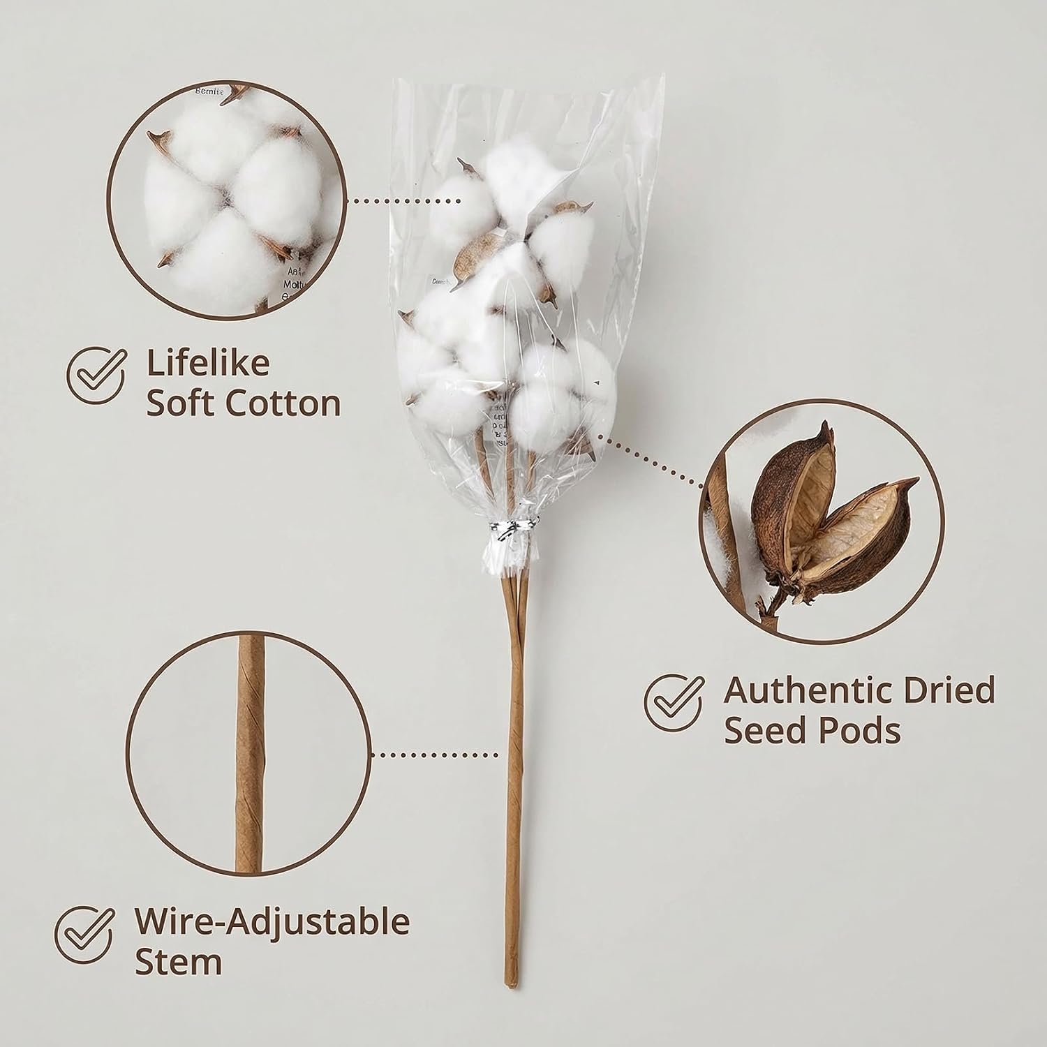 Hampton Art Cotton Short Stem Decor, Realistic Faux Cotton Stem with Dried Cotton Seed Pods and Wire Stems, Farmhouse Vase Filler, Approximately 15 Inch Tall