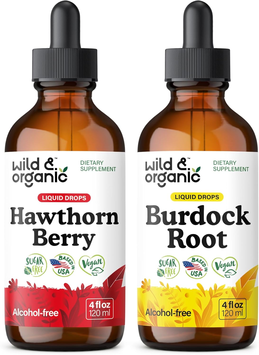 Wild & Organic Hawthorn Berry Tincture 4 fl oz & Burdock Root Tincture 4 fl oz