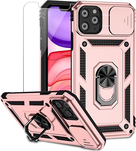 Funda para iPhone 11 Pro Max con protector de pantalla para lente de cámara, protección contra caídas de grado militar, soporte de anillo magnético