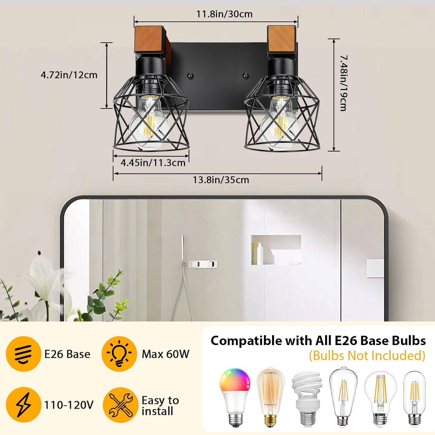 2-Light Farmhouse Bathroom Light Fixtures Over Mirror, Rustic Wood Vanity Lights for Bathroom, Vintage Black Sconces Wall Lighting with Metal Shade for Living Room, Cabinet, Hallway