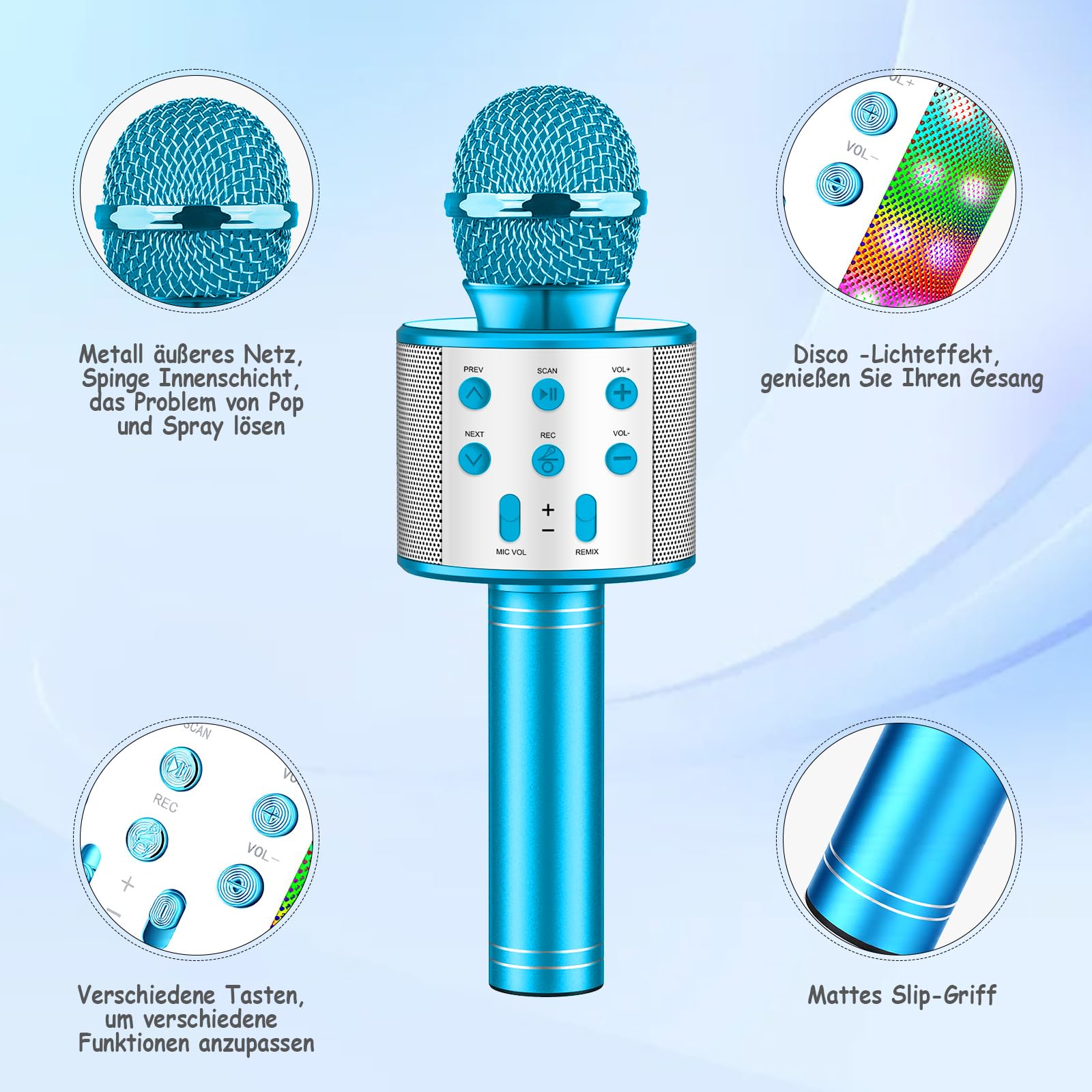 Micrófono Karaoke Bluetooth,Microfono Inalámbrico Karaoke con Altavoz y LED,Micrófono Portátil para Niños Canta Partido Musica,Dinámicos Juguetes para Niña,Soporte Youtube, Android/iOS/PC/A (Azul) — view 5