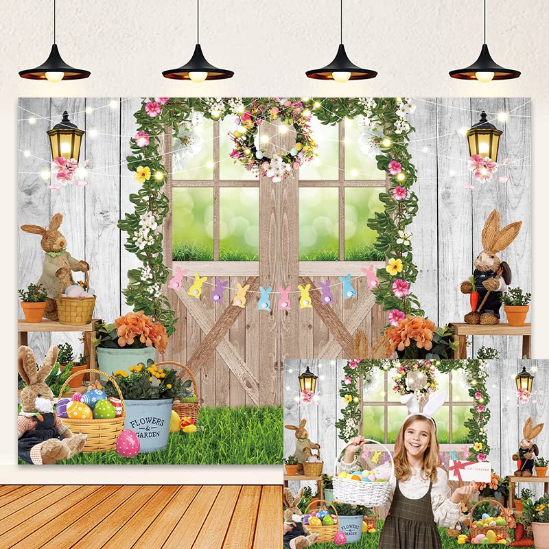 Pasen achtergrond lente tuin bloemen hek eieren groen gras fotografie achtergrond bloemenhaas kinderen baby portret foto booth / 300x200