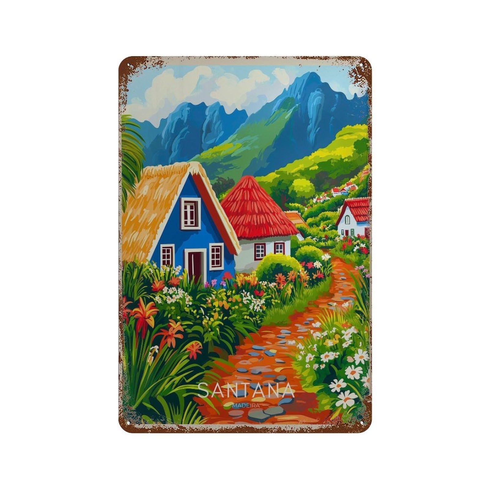 xiaoxiaoshen Santana Madeira Portugal Travel Casas Tipicas Wall Decor Art Metal Tin Poster Modern Home Decor Art Home Bar Shop Decorations Vintage Sign 30x20cm