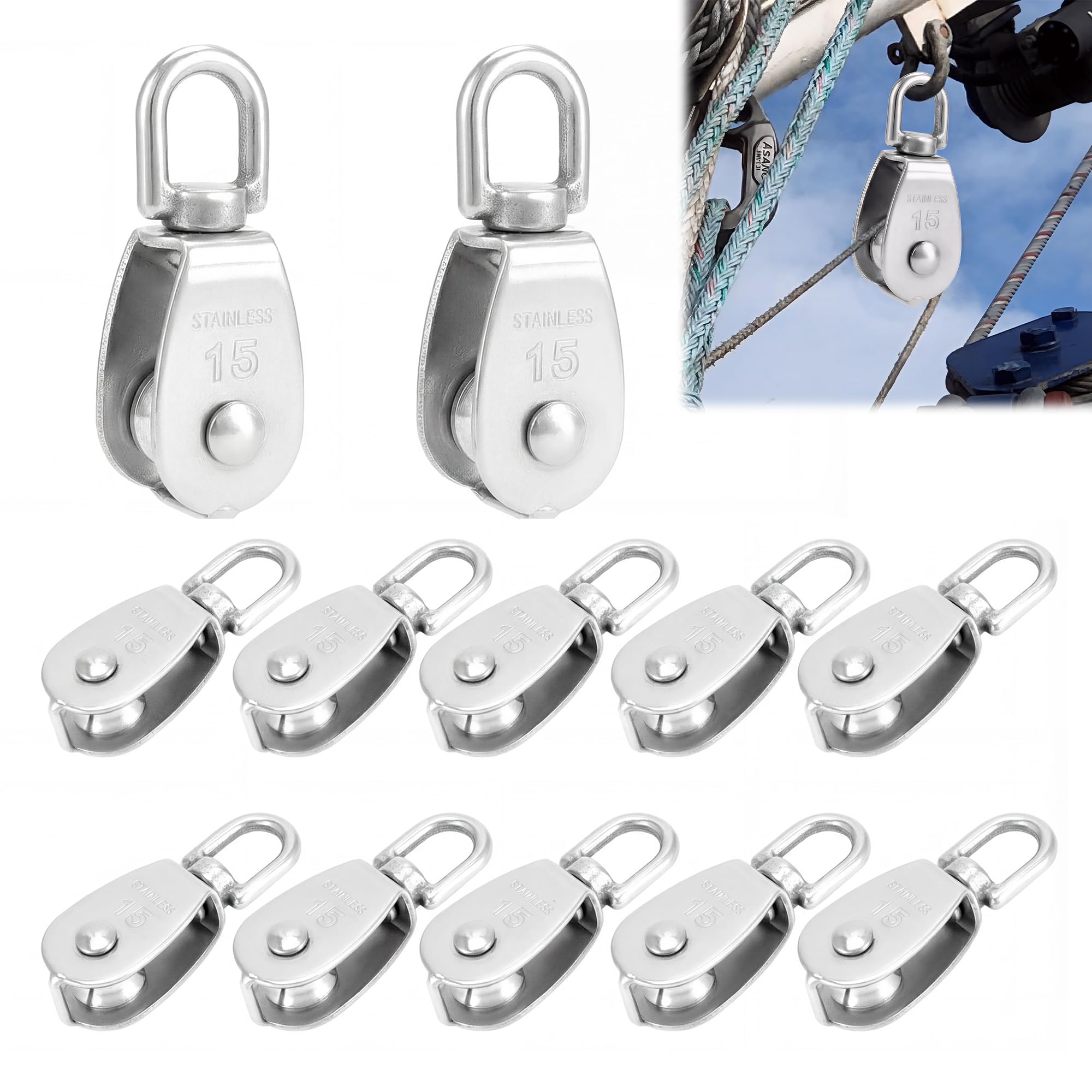 12 pièces de poulie de déviation petite : poulies M15 avec roulement à billes en acier inoxydable 304 pour câbles métalliques jusqu'à 6 mm de diamètre, capacité de charge 35 kg