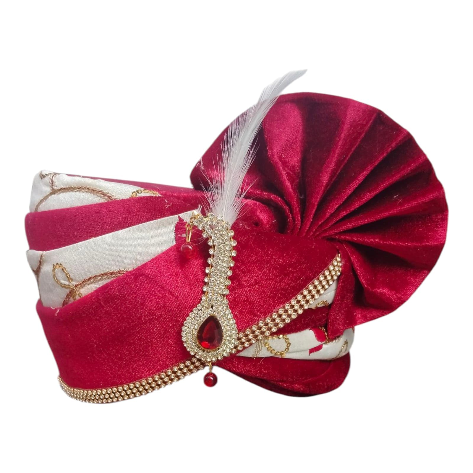 laxmi creation Traditional Wedding Pagdi for Men, Red Velvet with Gold Embellishments and White Feather-picture-18