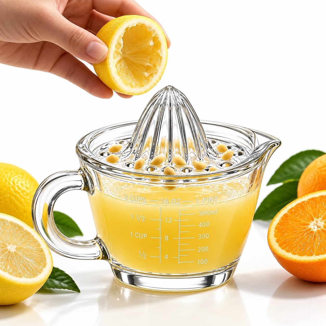 Glass Manual Lemon Squeezer with Measuring Cup, 2 Cup/500ML