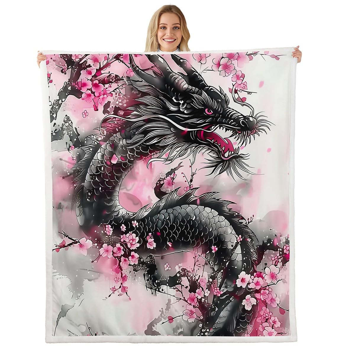 Erosebridal Japanese Dragon Fleece Throw Blanket Queen 90x90 Inch Sofa Bed Couch Decor,Magical Ancient Animal Fuzzy Blanket for Kids Boys Girls,
