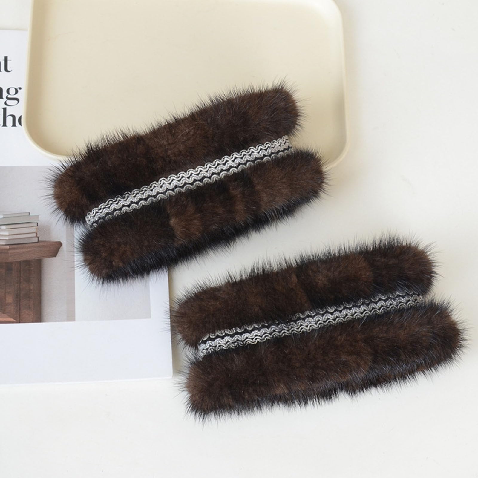 2 Bracelets en Vison Doux, Pochette Amovible, Brown Golden Lace