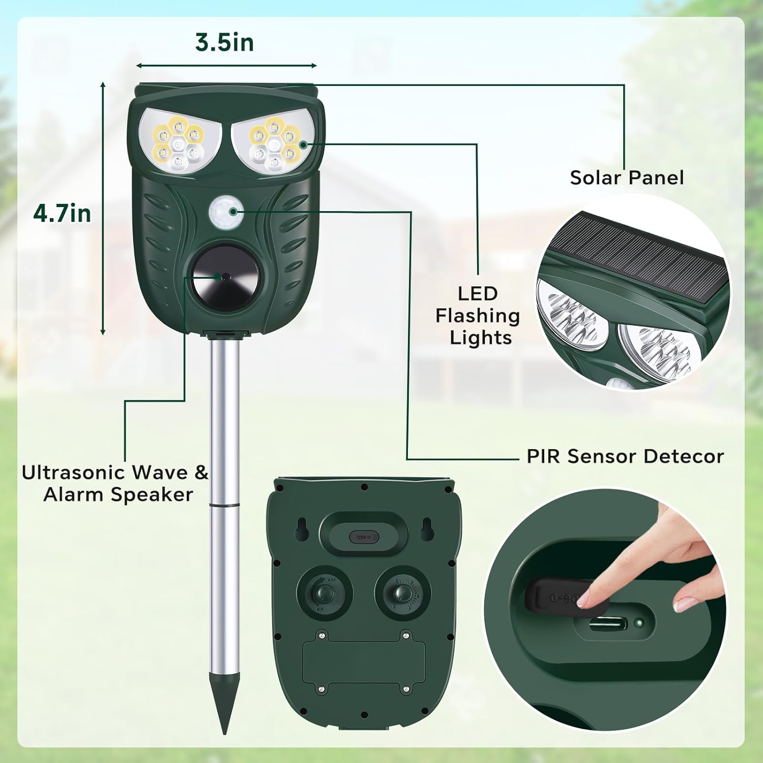 Solar Ultrasonic Animal Repellent Outdoor, Cat Squirrel Raccoon Dog Deer Repellent Device with Motion Detection, IP66 Waterproof Mouse Skunk Rodent Deterrent