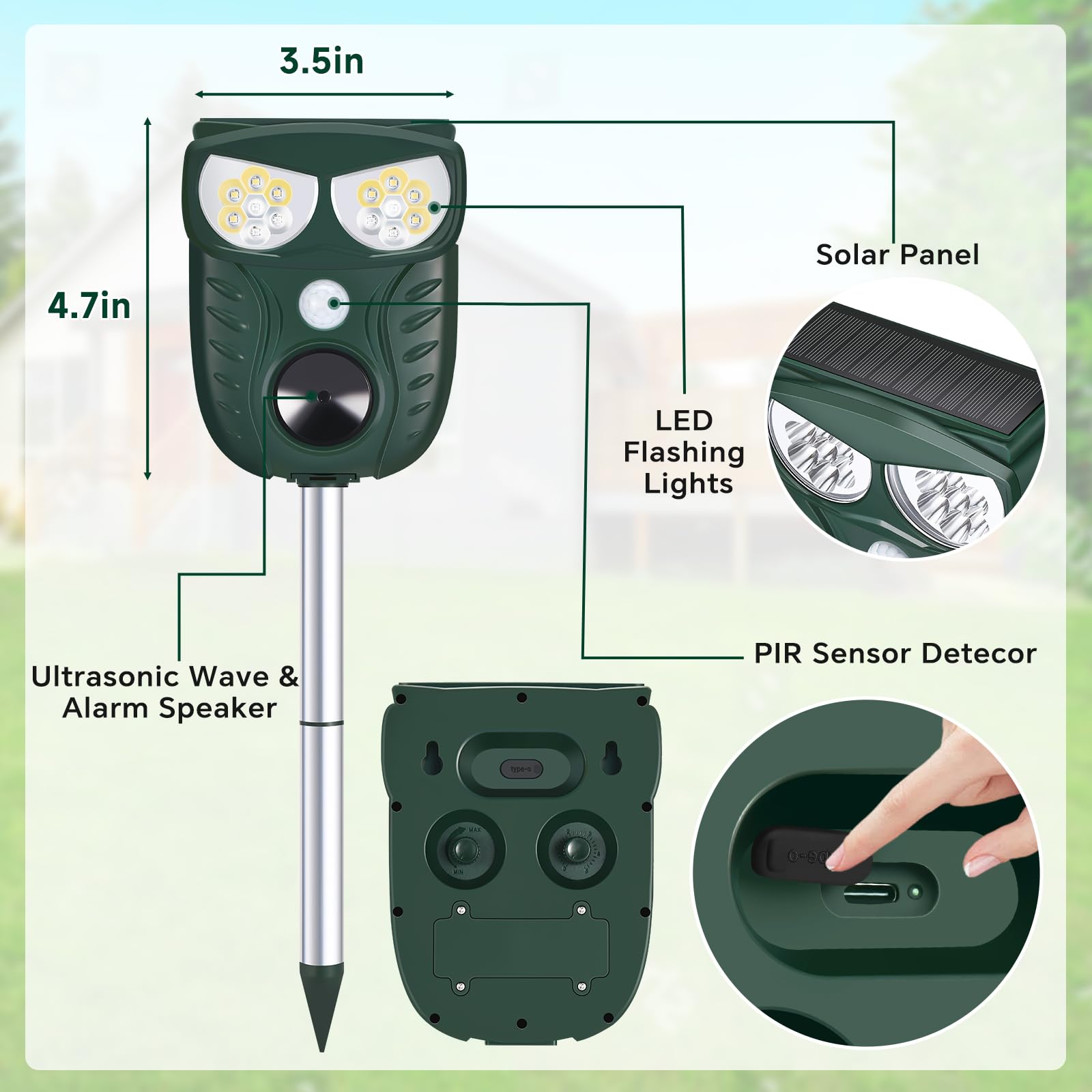 Solar Ultraschall Tiervertreiber Outdoor, Katze Eichhörnchen Waschbär Hund Hirsch Abwehrgerät mit Bewegungserkennung, IP66 Wasserdicht Maus Stinktier Abschreckung