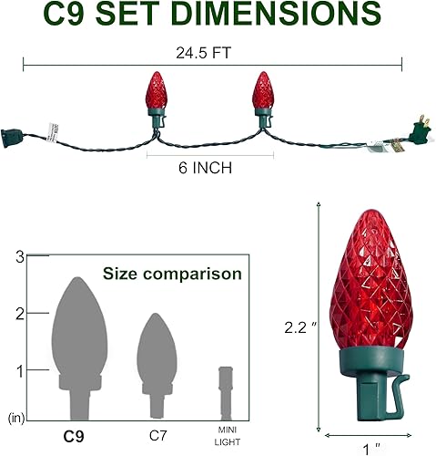 Miniatura 10 de Luces de Navidad C9, 50 unidades, 24.5 pies, poligonales, conectables, grado comercial, para interiores y exteriores, 120 V, certificado UL, forma