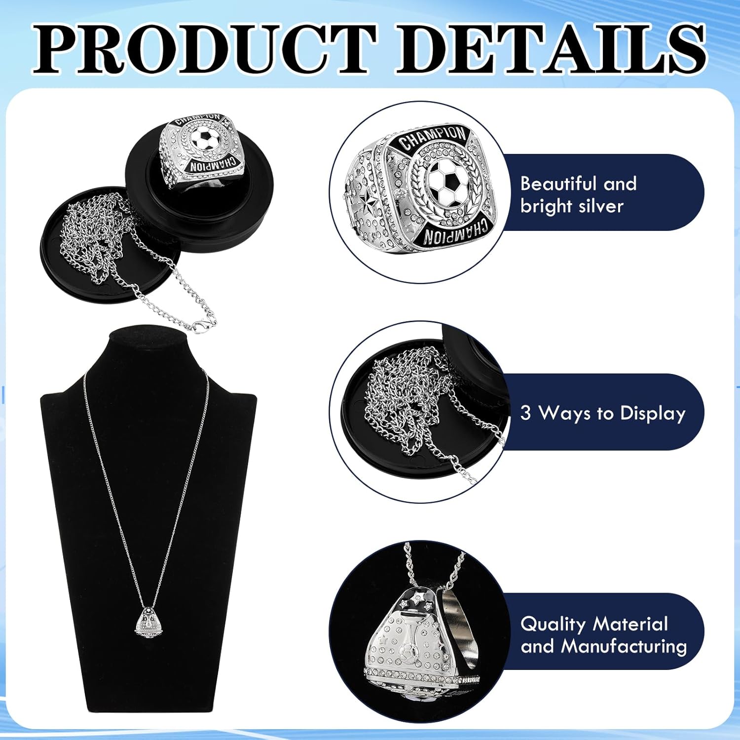 Landical 12 Pcs Soccer Championship Rings Soccer Champion Trophy Rings Sport Ball Award Gift Prize with Display Neck Chain and Stand for Tournament or Champion Winner
