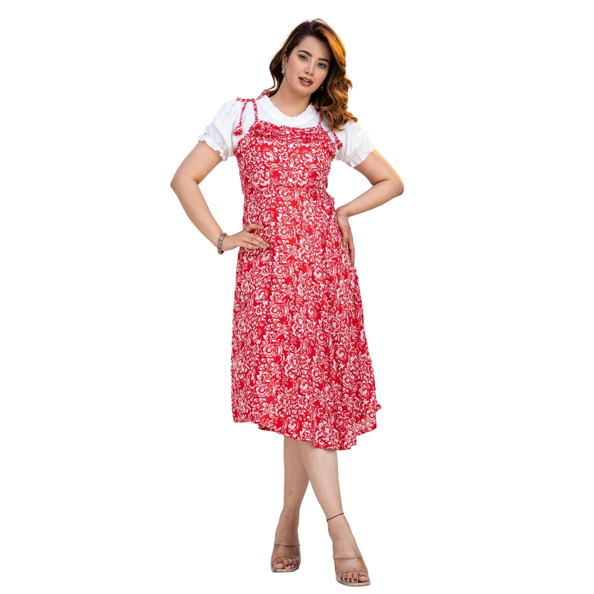 Women’s Floral Dungaree Midi Dress with Inner Top – Casual A-Line Pinafore Dress with Adjustable Straps & Puff Sleeve Blouse, Summer Outfit for Women-picture-31