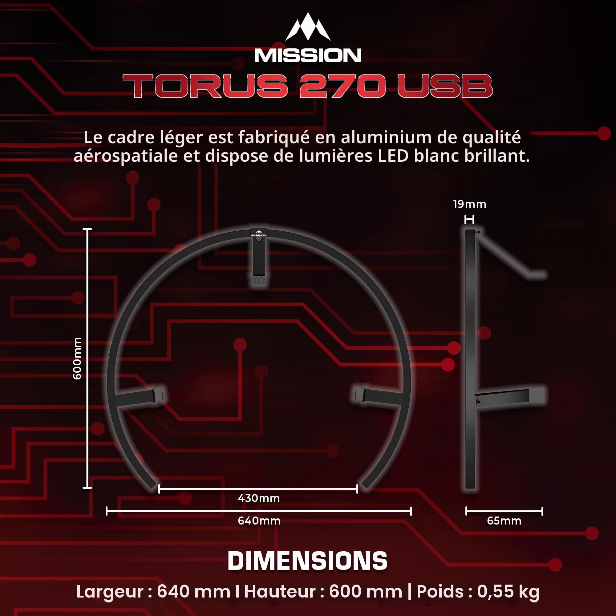 Mission Darts TOR270 Torus 270 | Système d'éclairage LED pour cible de fléchettes avec zone d'accès facile pour un jeu illimité - Noir sablé