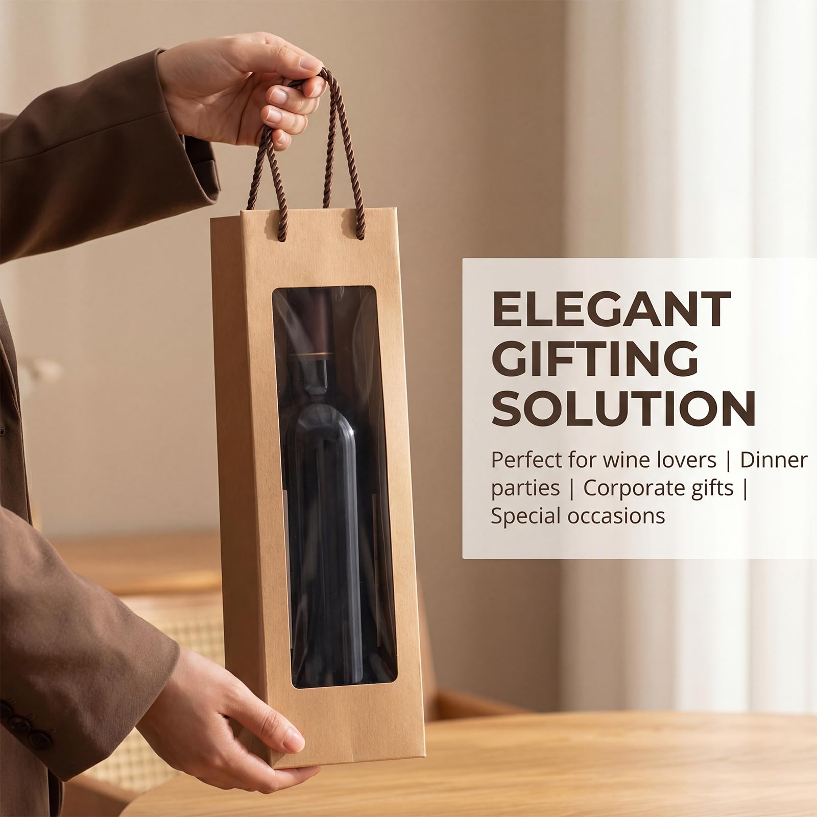 8PCS Wine Bottle Gift Bags Kraft Paper Bags with Handle Reusable with Clear Window for Birthday, Anniversary, Shopping, Christmas Party (3.7 x 3.5 x 14 inches) - 5