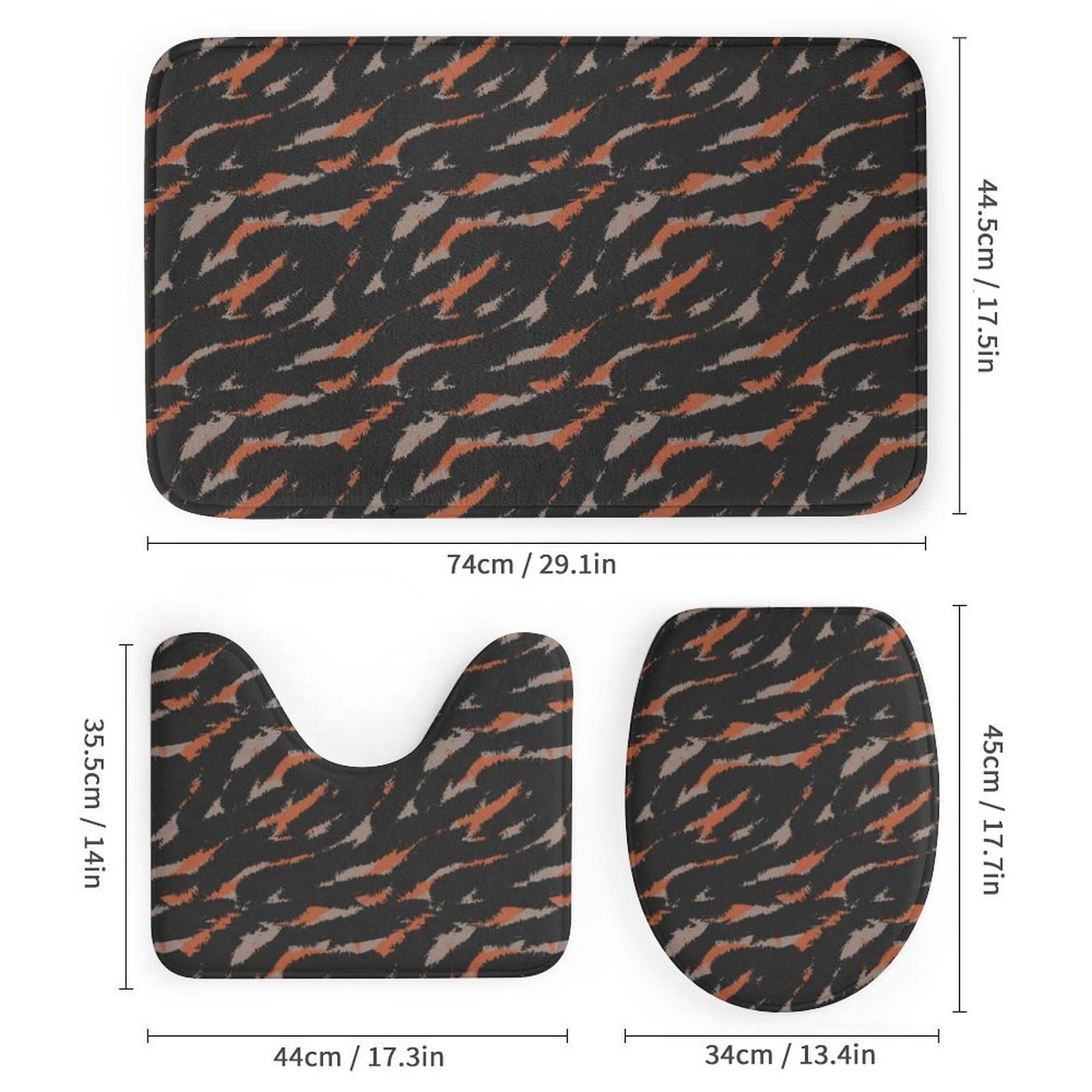 Ensemble de 4 pièces de salle de bain avec rideau de douche et tapis – Camouflage orange et noir – Accessoires de décoration pour couvercle de toilette en forme de U et tapis de couvercle de toilette