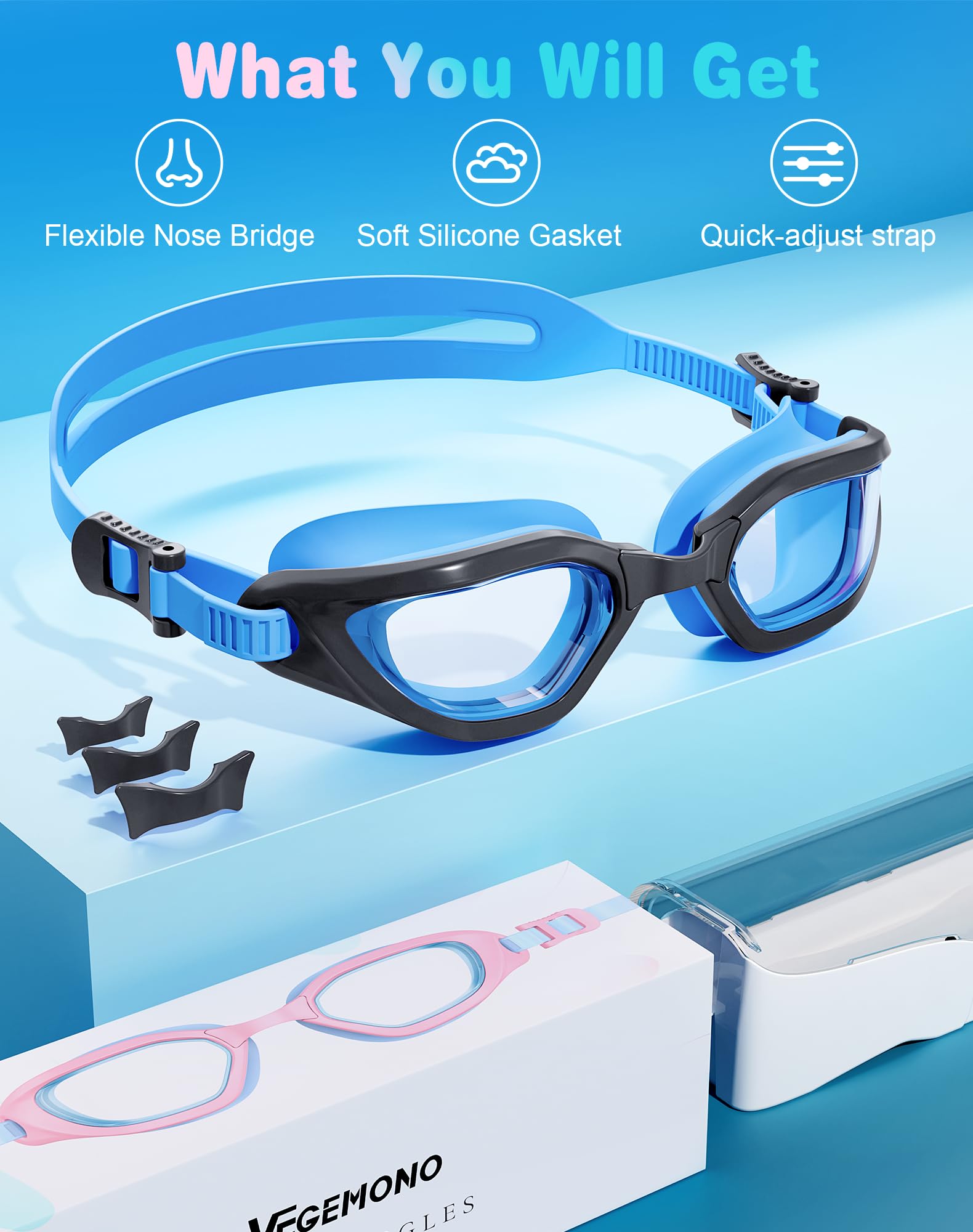 Kinder-Schwimmbrille in zweifarbigen, verstellbaren Nasenpads und weichem Silikon für auslaufsichere (6–14), klare Sicht, Anti-Beschlag und UV-Schutz