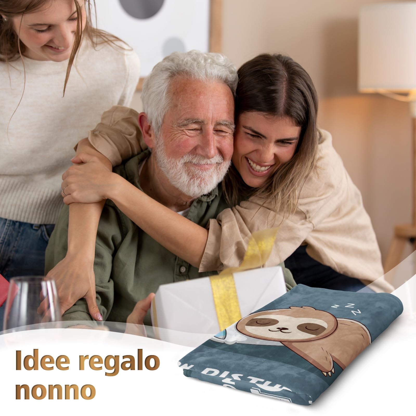 Niyewsor Regalo per Nonno Coperta, Regalo Nonno Compleanno, Festa del Papà Natale Regali per Nonni, Bradipo Coperta Flanella 130 x 150cm