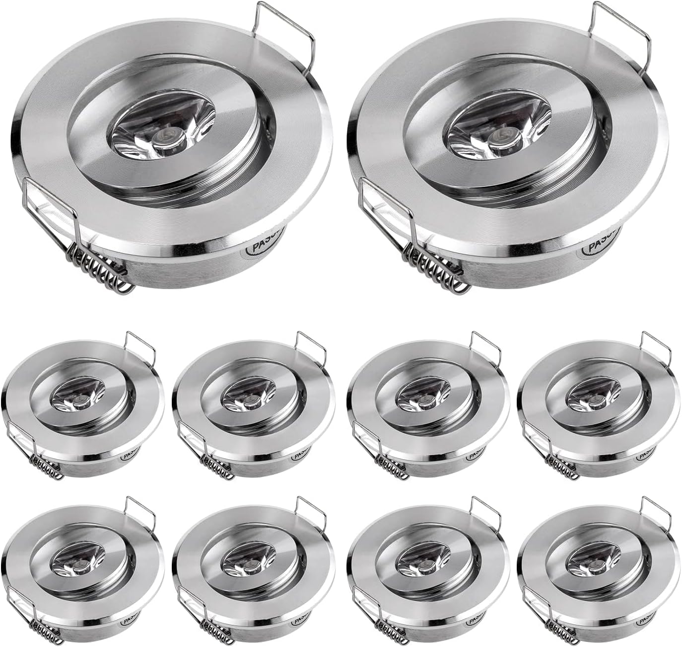 Pack of 10 Mini LED 2" Recessed Spotlight Cabinet Lighting 1x3W Chrome Color 3W Warm White 3000K + Led Driver