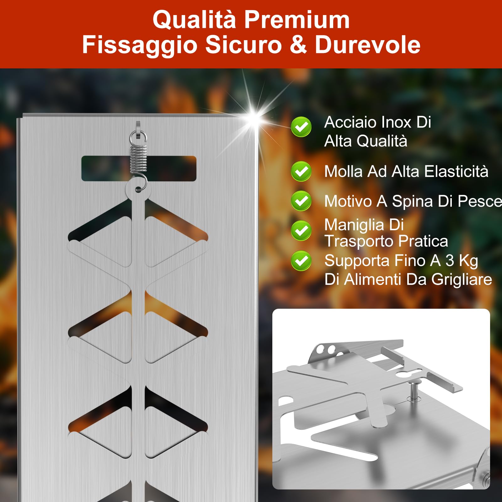 Placca per Salmone in Acciaio Inox con Supporto-flammlachsbrett edelstahl–Piastra Inox per Barbecue e Braciere, Cottura Finlandese Salmone, Regolabile 7 Angoli, Lavabile in Lavastoviglie