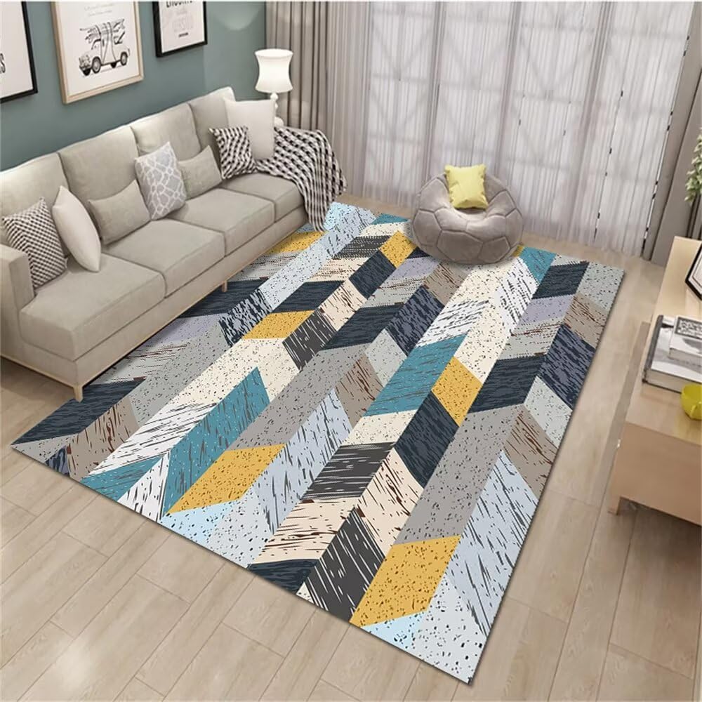 Tapis de chambre moderne jaune-bleu résistant et facile à entretenir