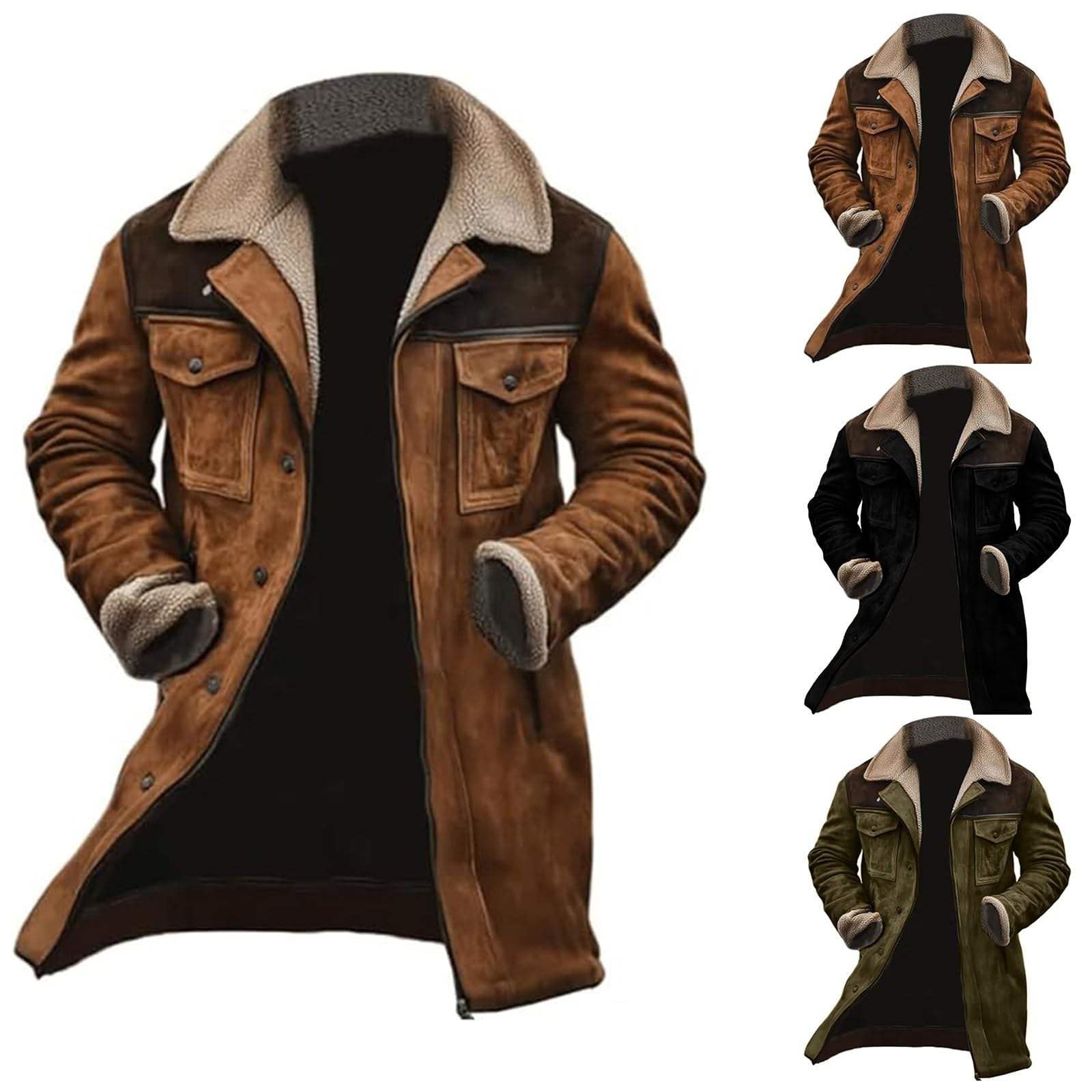 Giacca Vintage Uomo In Pelle Scamosciata - Cappotto Cowboy Con Colletto In Peluche E Tasche Multiple