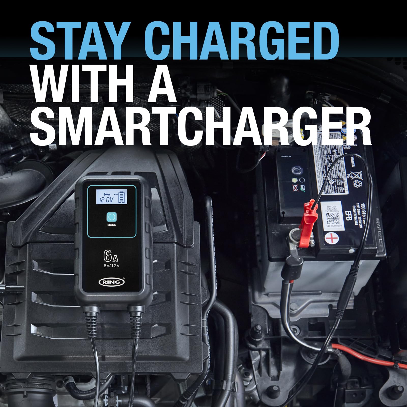 RING SMARTCHARGE - Cargador y mantenedor de Coche 6A con Clips de cocodrilo y Gancho para Colgar Integrado, Compatible con baterías de Iones de Litio, Plomo, ácido, Gel, Calcio, EFB y AGM