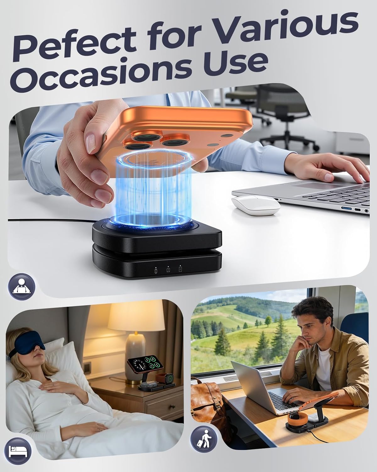 EGV Wireless Charger for iPhone, 3-in-1 Magnetic Charging Station for Apple, MagSafe Charger Stand for iPhone 17 Air 16 15 14 13 12 Series, Airpods Pro, Apple Watch Ultra, Foldable, No Adapter, Black - Image 3