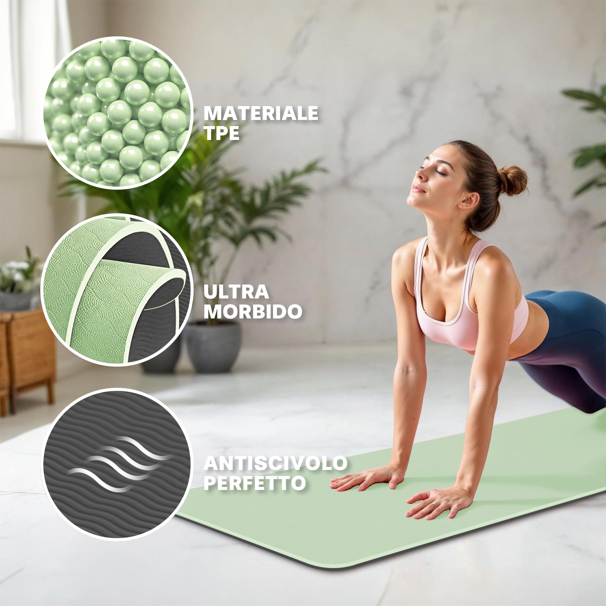 Tappetino Yoga in TPE Ecologico, m MU, Tappeto Allenamento Antiscivolo Doppia Faccia ad Alta Densita Materassino, Impermeabile Dimensione di 183 x 61 x 0.6 cm con Custodia