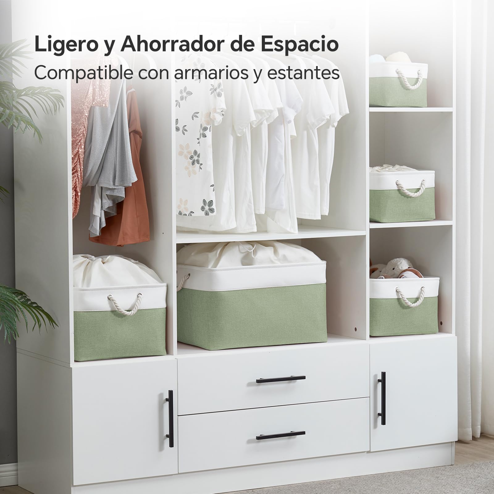 Mangata Cesta de almacenamiento de tela suave, caja de almacenamiento con asas de cordón, cestas contenedoras rectangulares para armario, vestidor, baño, estante, 36 x 26 x 18 cm, Verde y Blanco