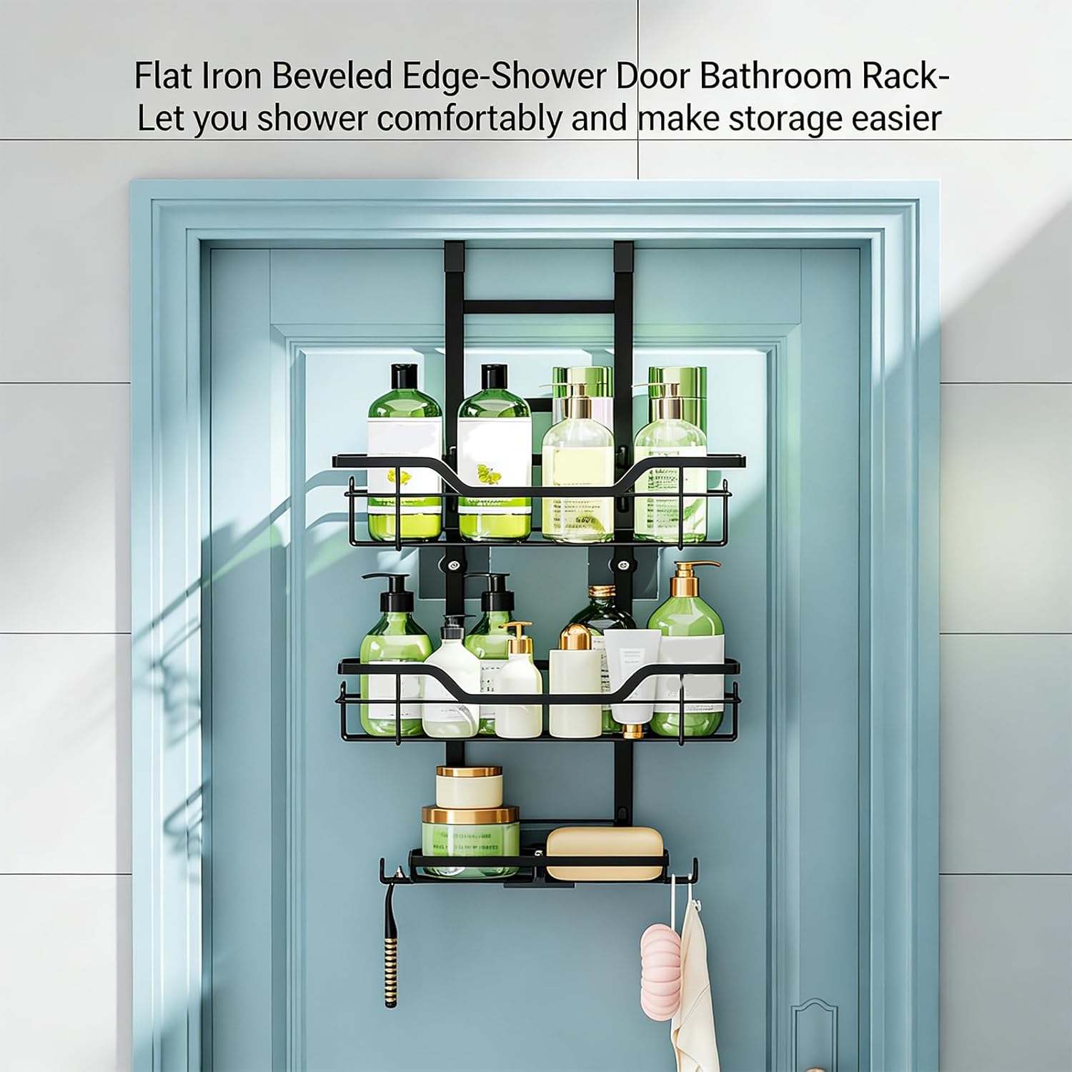 Two Layer Bathroom Storage Shelf Mounted on Door Highlighting 3 Fasteners Integrated Soap Dish Quick Drains Structure Bronzing Cream Door Cart