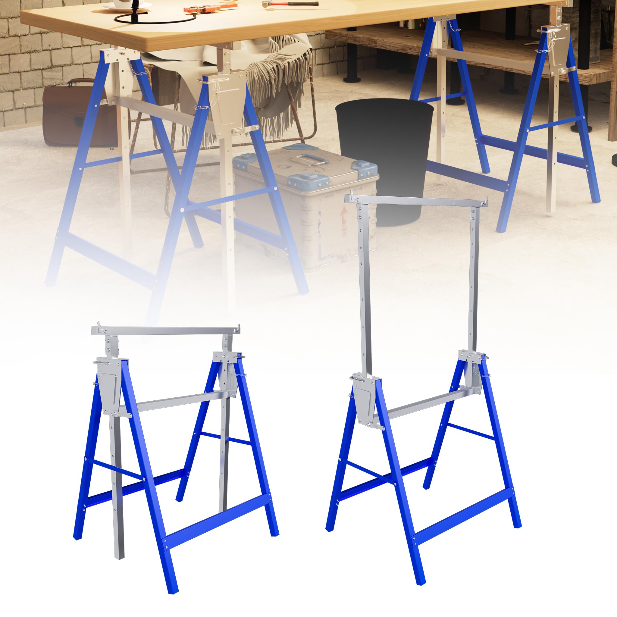 YRHome Juego de 2 caballete de trabajo de altura ajustable, acero plegable, capacidad de carga de 150 kg por caballete, 7 niveles de ajuste de 80 – 130 cm, robustos caballetes como andamio para taller