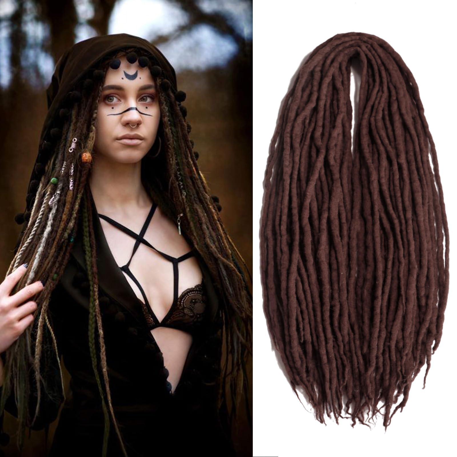 22 Inch Brown Wool Dreadlock Extensions Double Ended 15 StrandsDreadlocks for Women DE Double Ended Wool Dreads Stylish & Durable Dreads Extensions