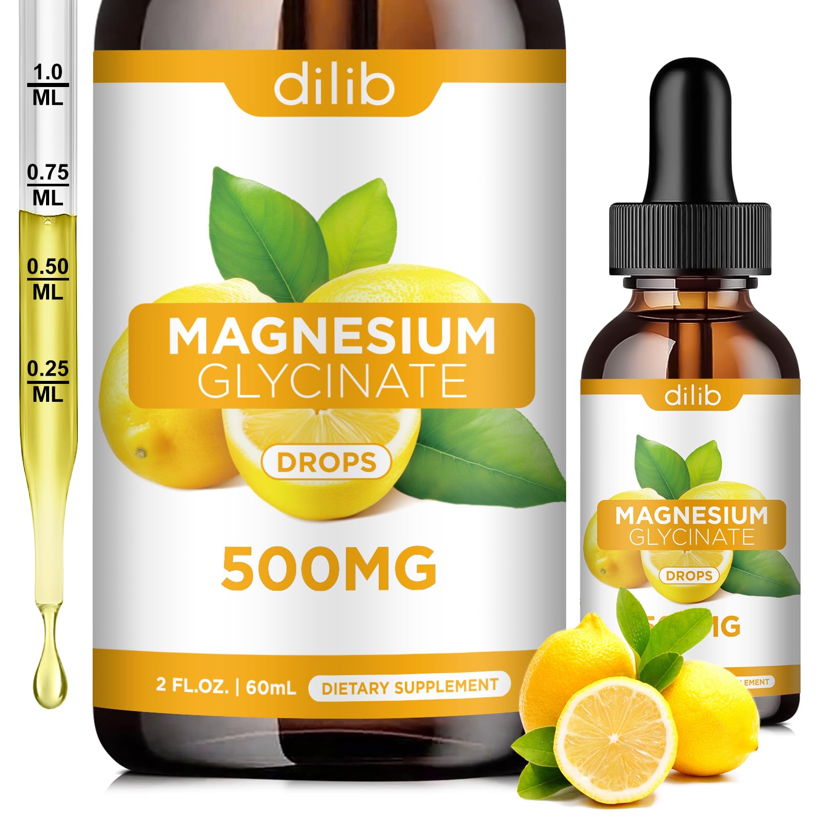 Magnesium Glycinate Supplement, Magnesium Glycinate Liquid Drops 500mg with Calcium, Zinc, Vitamin B6, D3, L-Theanine, Omega 3 for Sleep, Mood, Stress Relief, Bone, Muscle, Lemon Flavor