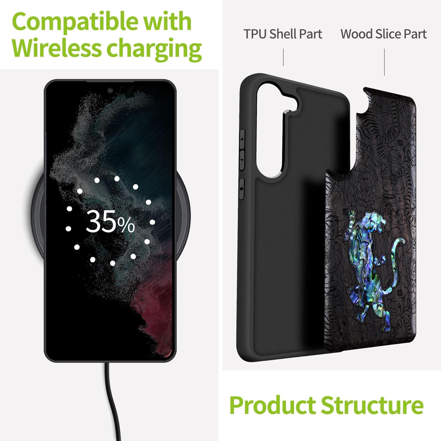 Carveit Designer Wooden Case for Samsung Galaxy S23 Cover [Wood Engraving & Shell Inlay] Compatible with Wireless Chargers S23 Case (A Tiger Amidst Flowers-Blackwood)