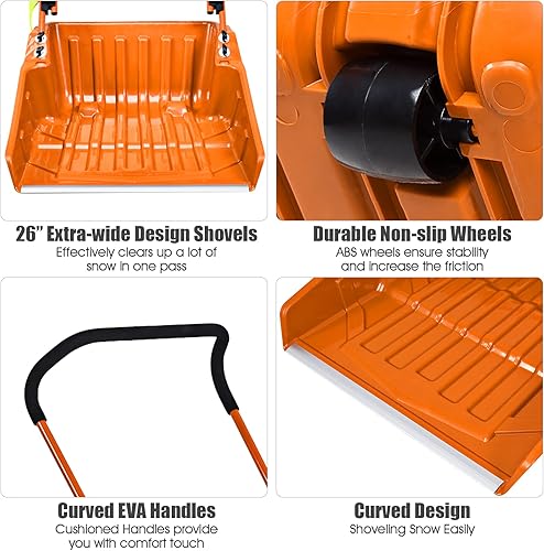 Miniatura 3 de GYMAX Pala de trineo de polietileno de 26 pulgadas, pala de nieve rodante, capacidad extragrande, ángulo ajustable y fácil instalación, con mango