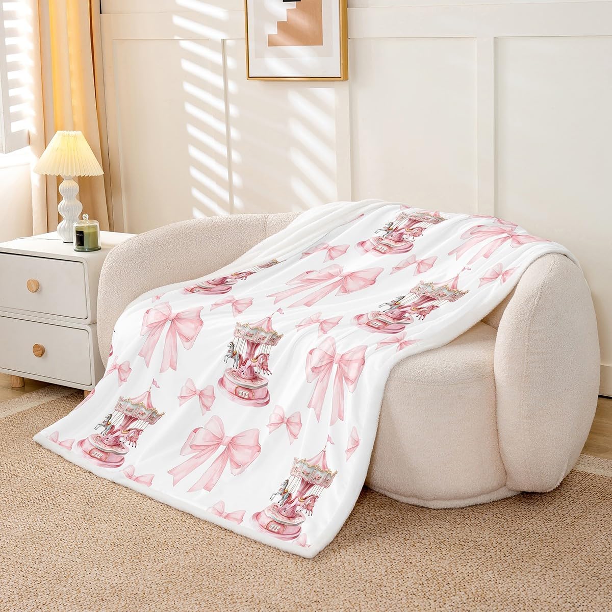 Erosebridal Girls Pink Princess Throw Blanket Twin 60x80,Romantic Bowknot Carousel Fleece Blanket for Kids Children,Dreamy Bows Sherpa Blanket,Cartoon Horse Geometric Fuzzy Blanket Soft Warm