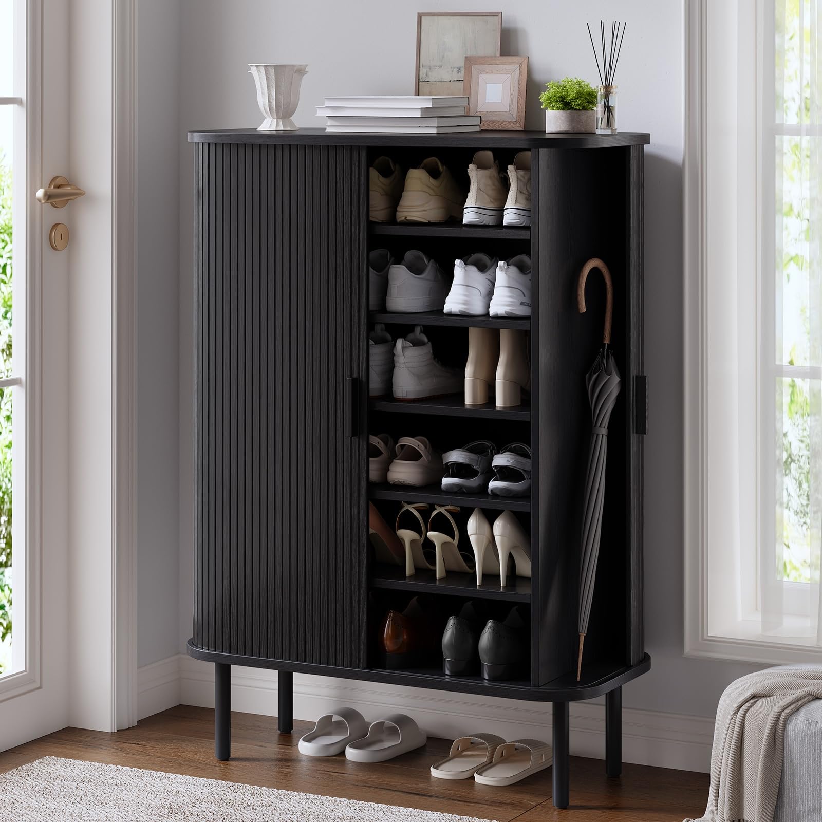 6-Tier Shoe Cabinet with Sliding Door, Wooden Shoe Storage Cabinet with Adjustable Shelves, Mid-Century Modern Freestanding Shoe Storage Organizer for Entryway, Hallway, Living Room, Black