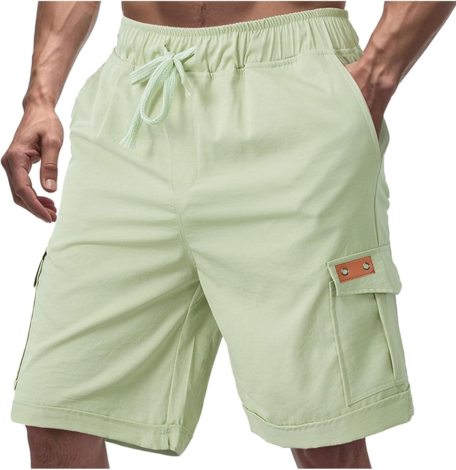 WENKOMG1 Men's Shorts Casual Solid Color Elastic Waist Drawstring Summer Beach Cargo Short Pants, M-3XL