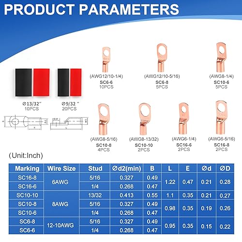 Miniatura 4 de 60 piezas de lengüetas de alambre de cobre, extremos de cable de batería AWG 4 6 8 10 12 calibre con juego de tubo termorretráctil, conectores de