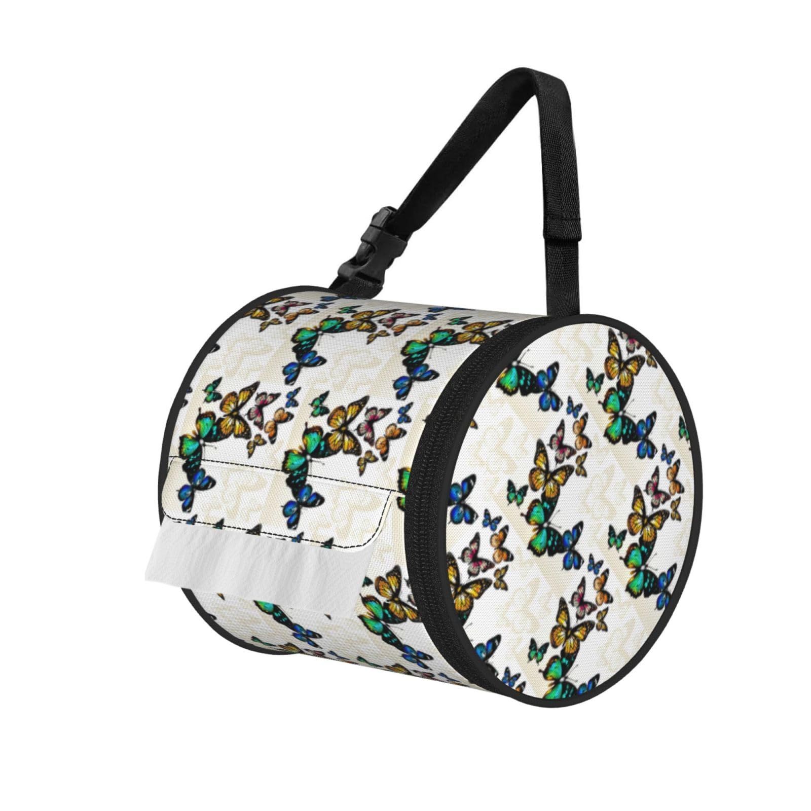 Jiuty Black Beautiful Butterfly Print Cylinder Tissue Organizer Bag With Strap, Portable Toilet Roll Holder For Camping Car