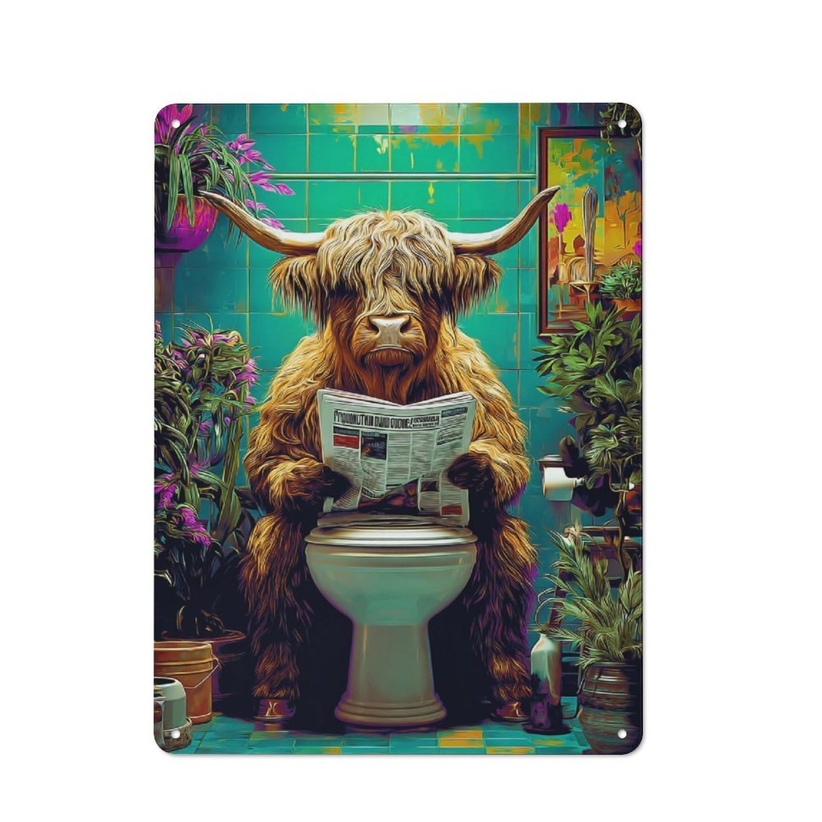Junmoney Highland Cow Reading Newspaper On Toilet -3 Metal Wall Sign 40X30cm Featuring For Café Or Restaurant, A Decorative Metal Sign For Cafés And Restaurants