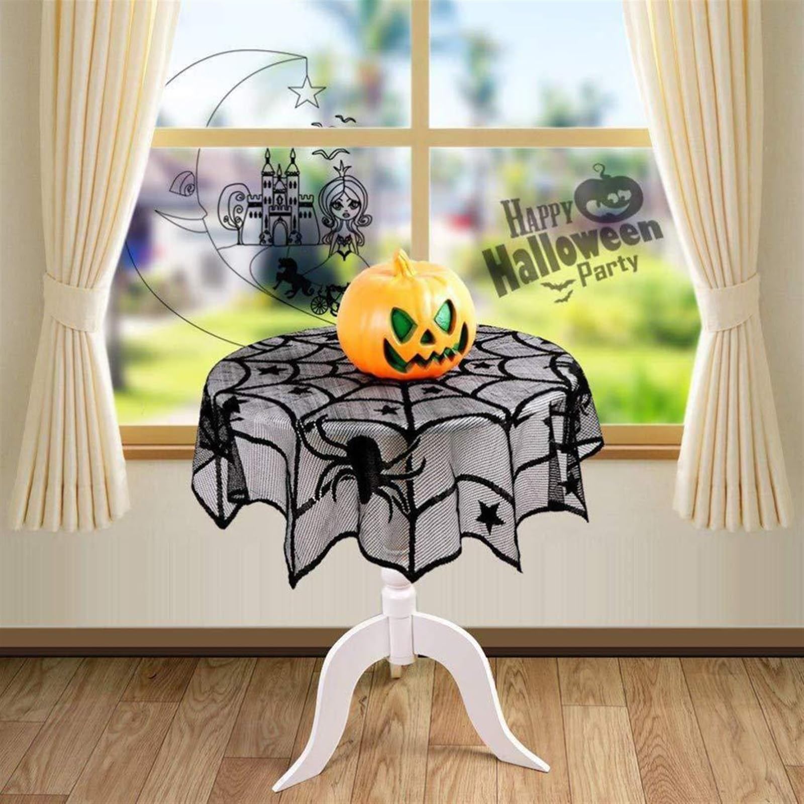 Set Decorazioni Halloween Ragnatela - Tovaglia, Runner E Sciarpa In Pizzo Nero - 5