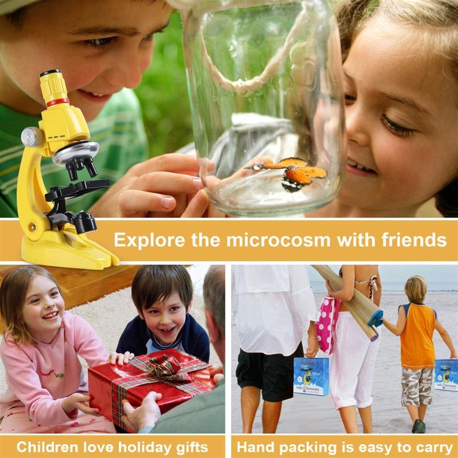 Microscopio, Kit de microscopio, 100x-400x-1200x con Diapositivas, Caja Transporte, LED refinados Instrumentos científicos Juego Juguetes for niños Regalo cumpleaños