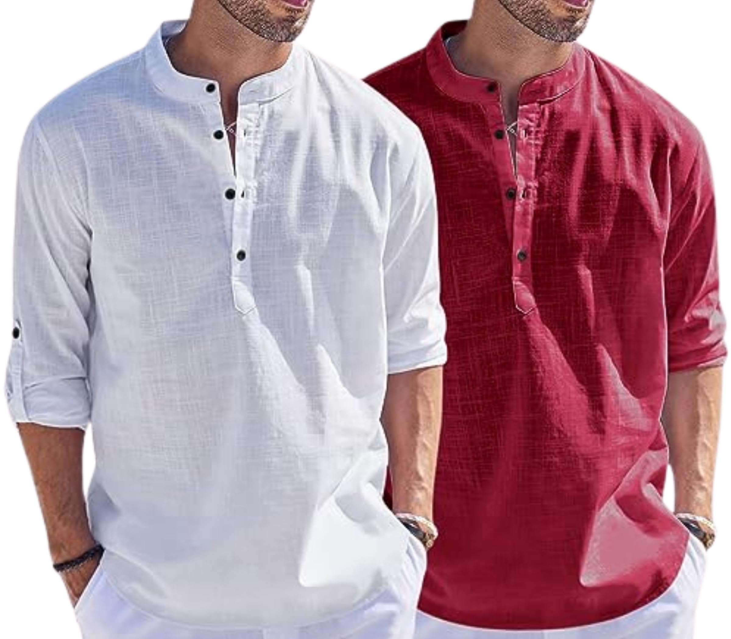 madhavista Men's Cotton Blend Straight Kurta Shirt Combo with Mandarin Collar - Slim Fit Casual Short Kurti Set Featuring Textured Slub Fabric and Roll-Up Full Sleeves-picture-14