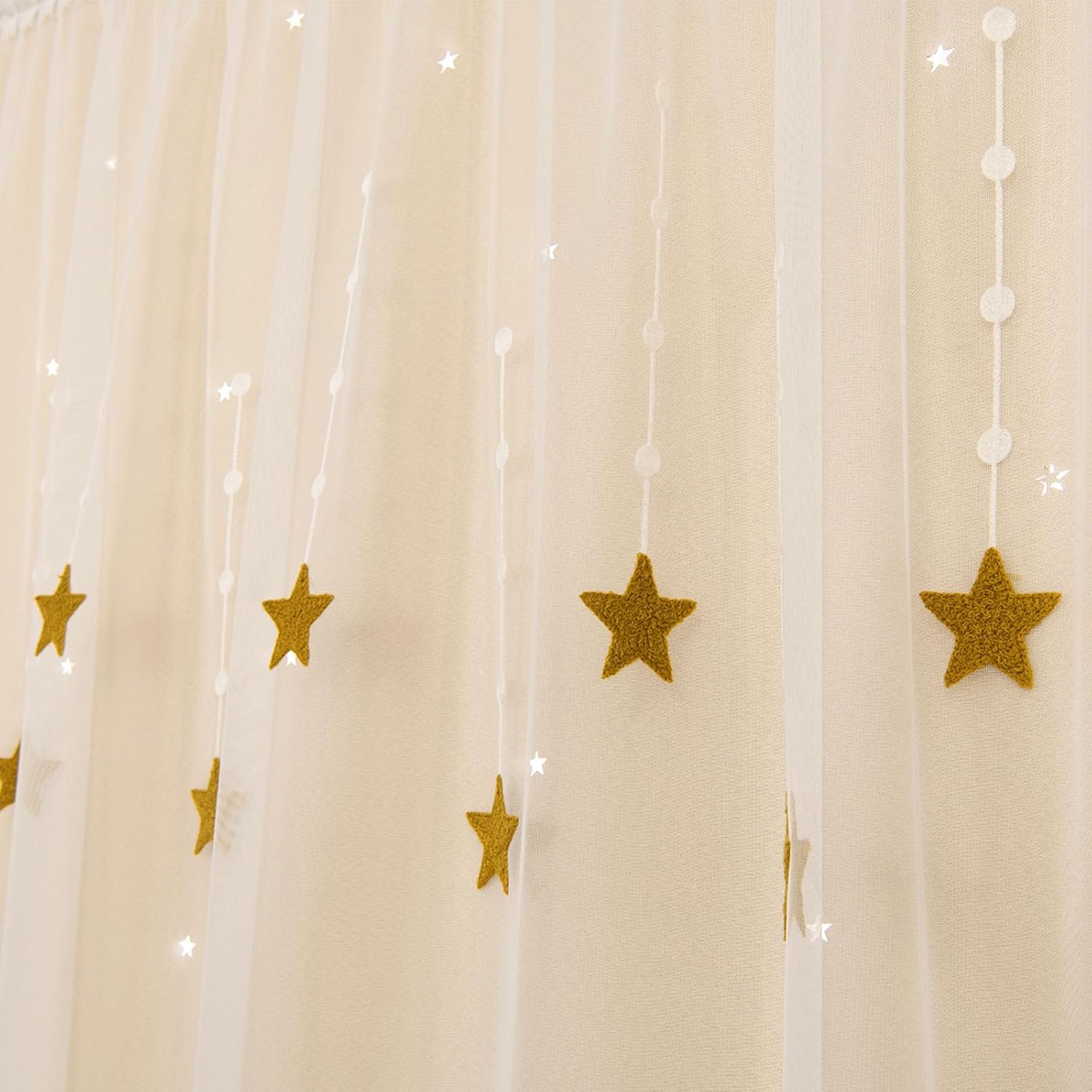 Beige Shooting Star Non-Punching Sticky Hollow Out Star Fabric Embroidered Double Layer Living Room Bedroom Study Blackout Thermal Insulated Curtains for Girls Bedroom Kids Room Decor